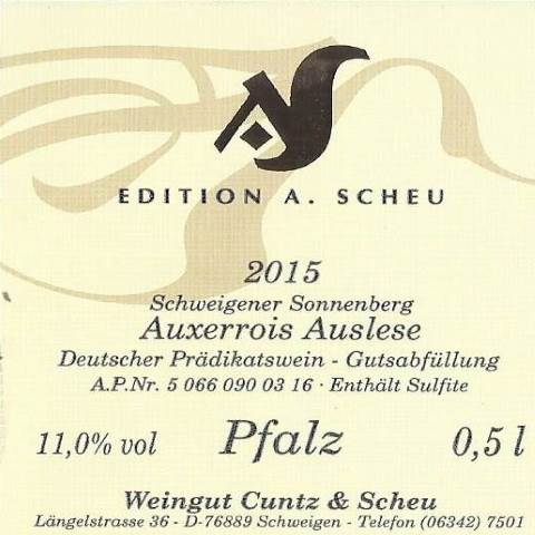 <br><h1>Nr. 1541</h1><br>2015er Schweigener Sonnenberg Auxerrois Auslese  süss 0,5l<br>